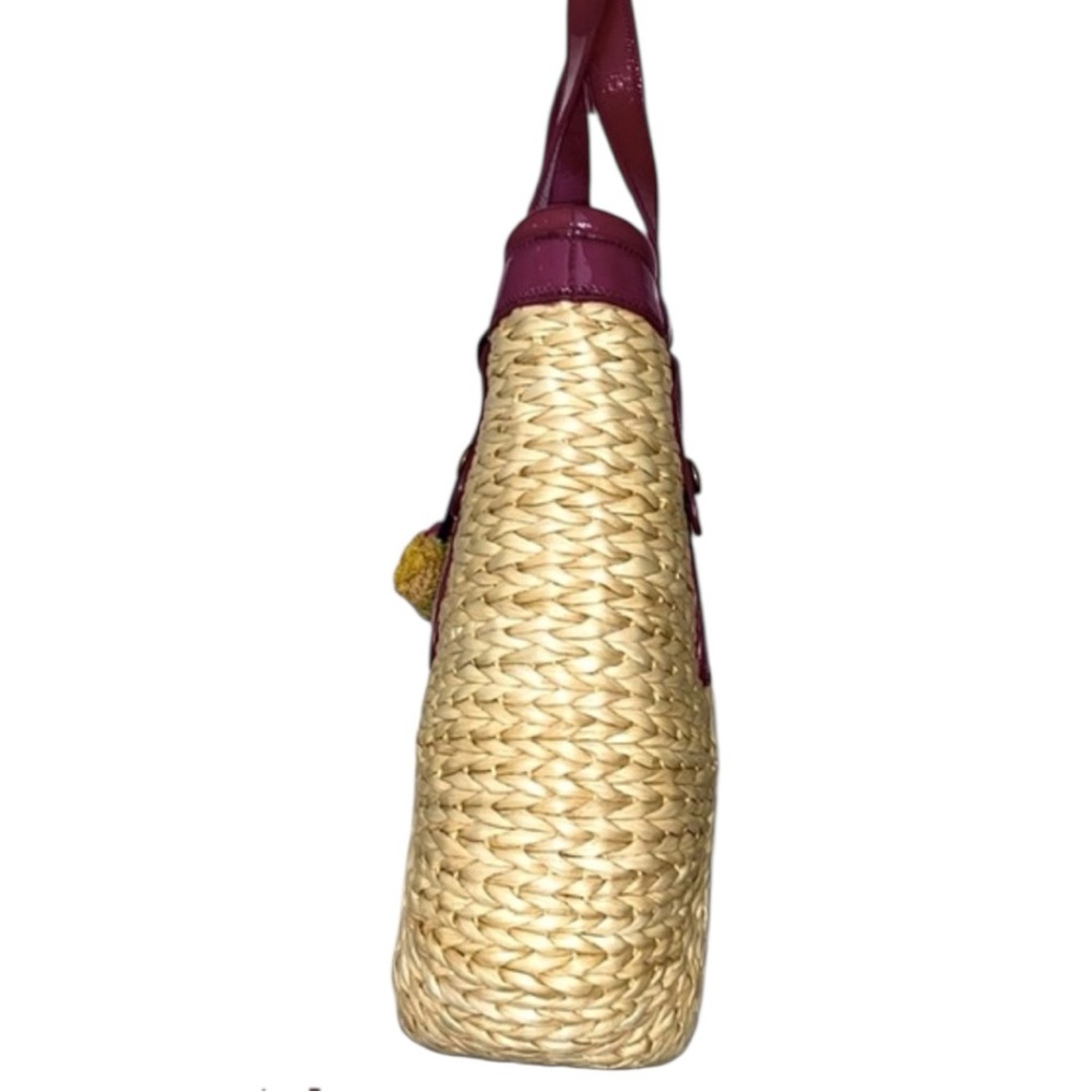Lucky Brand Woven Straw Tote Patent Leather Beach Bag Boho Resort Large - Picture 4 of 9